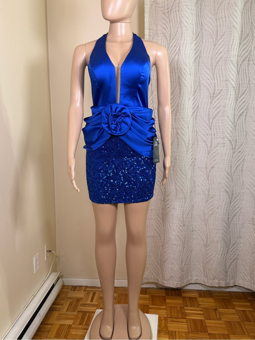 Blue Halter Sequin Mini Dress with Rosette Waist